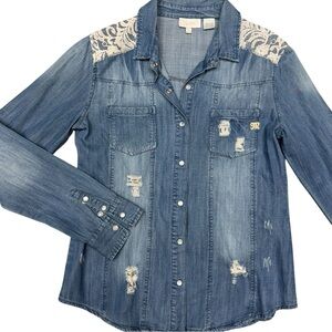 Miss Me Distressed Denim Western Shirt with Lace Detail, Women’s Medium